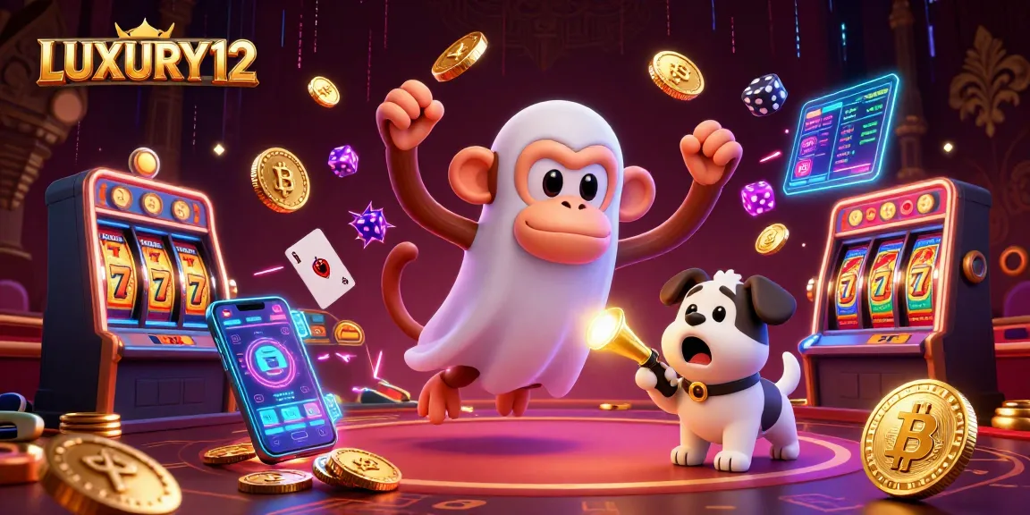 LUXURY12 gaming scene showcasing a mischievous monkey juggling casino items while a curious pup tracks it with a flashlight.