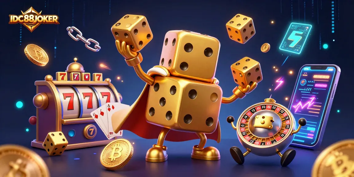Join the excitement at IDC88JOKER with vibrant slot reels and a golden dice golem juggling for luck!