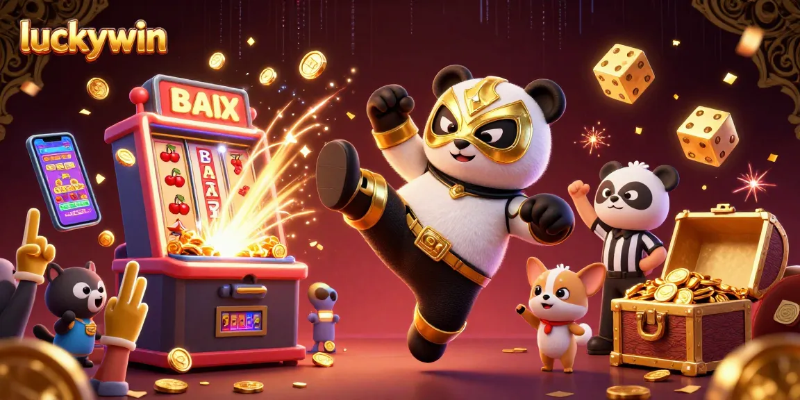 Experience thrilling wins on luckywin with a vivid 3D scene featuring a flying panda wrestler and a jackpot explosion.