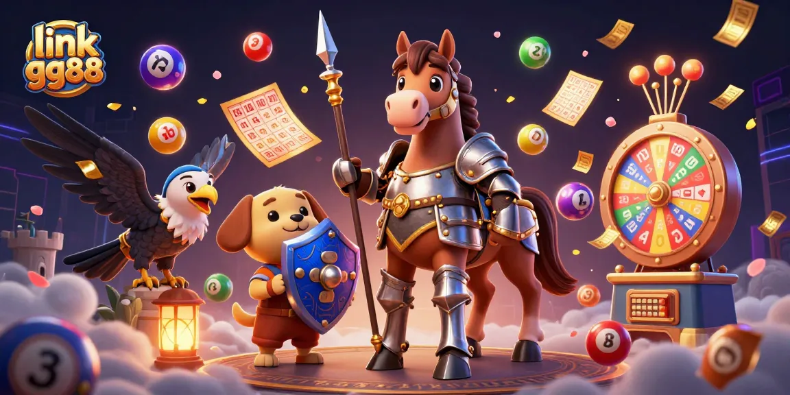Join the action at link gg88 with vibrant lottery balls and a medieval knight in a lively casino scene.