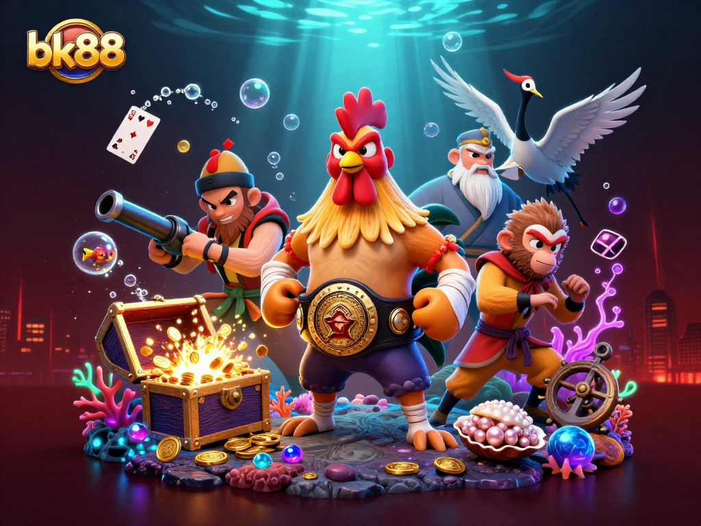 Experience thrilling victories at bk88 with a lively casino-themed 3D illustration featuring unique characters.