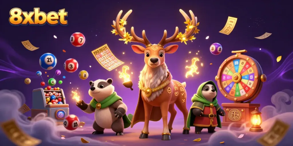 Engage in thrilling gameplay at 8xbet with colorful lottery balls and dynamic casino elements.