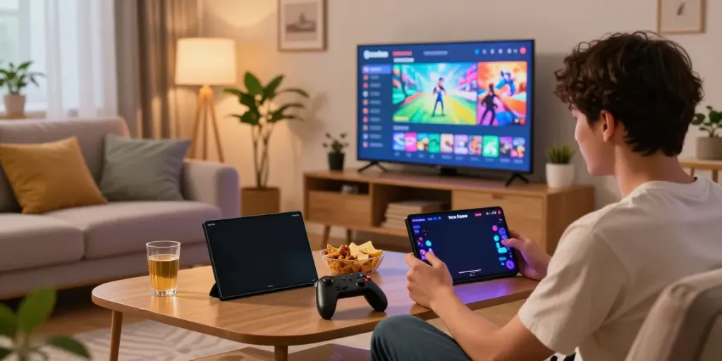 A young adult enjoying Yono Games on a smartphone in a cozy living room.