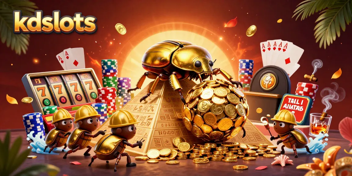 Experience kdslots with a vibrant scene of cartoon beetles and slots highlighting thrilling gameplay.