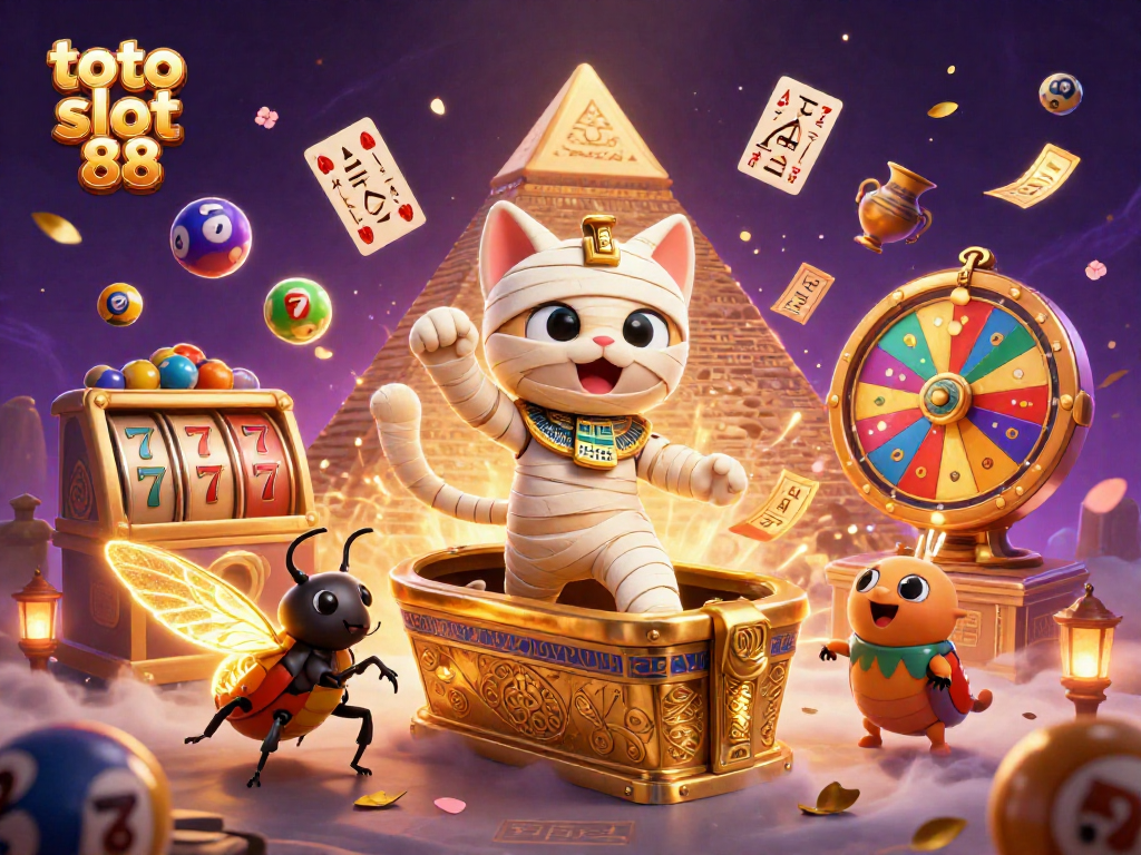 Experience thrilling action at toto slot 88 with a vibrant depiction of a mummy cat and golden casino elements.