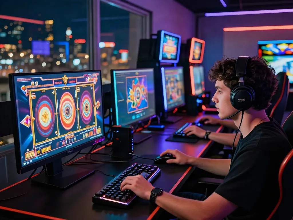 Engaged gamer experiencing the thrill of slot gacor gameplay at their vibrant desktop.