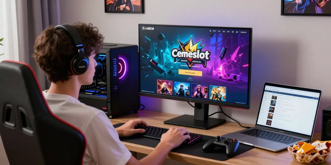 Engaged user logged into Login Cemeslot Resmi on a dynamic gaming setup, showcasing vibrant interface.