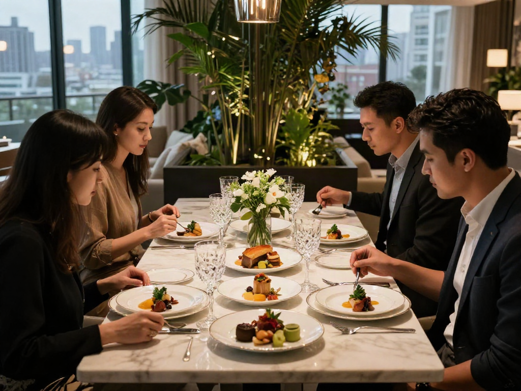Suasana mewah LUXURY 111 dengan meja makan elegan, hidangan gourmet, dan suasana intim.