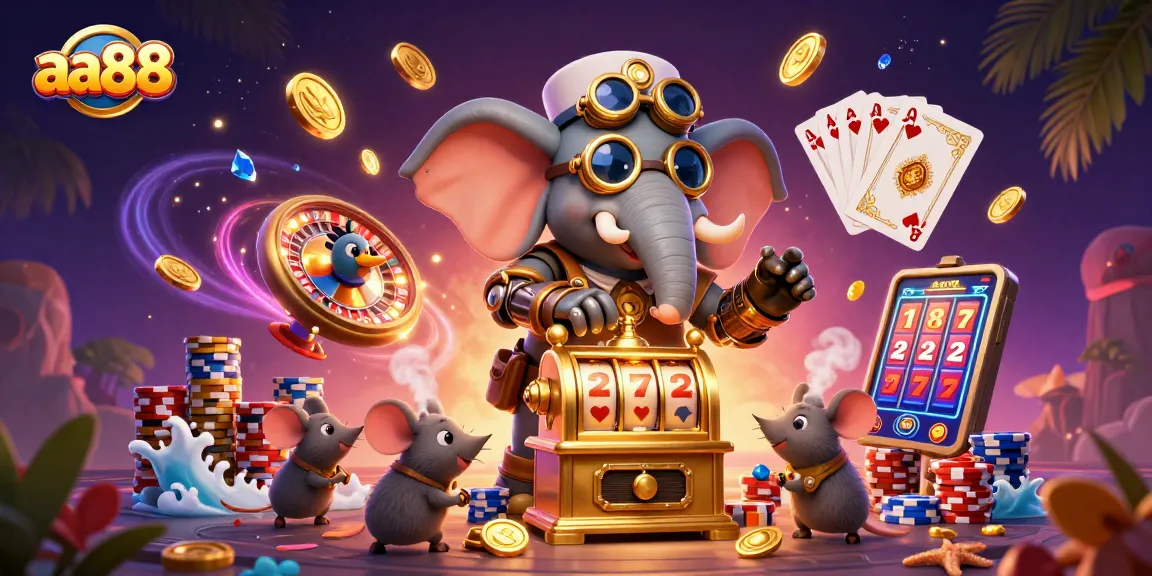 Experience the thrilling world of aa88 with a dynamic scene showcasing a steampunk elephant operating a golden slot machine.