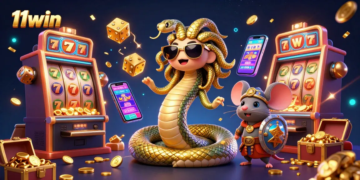Engage with 11win's vibrant casino illustration featuring Medusa, a warrior mouse, and dynamic slot elements.
