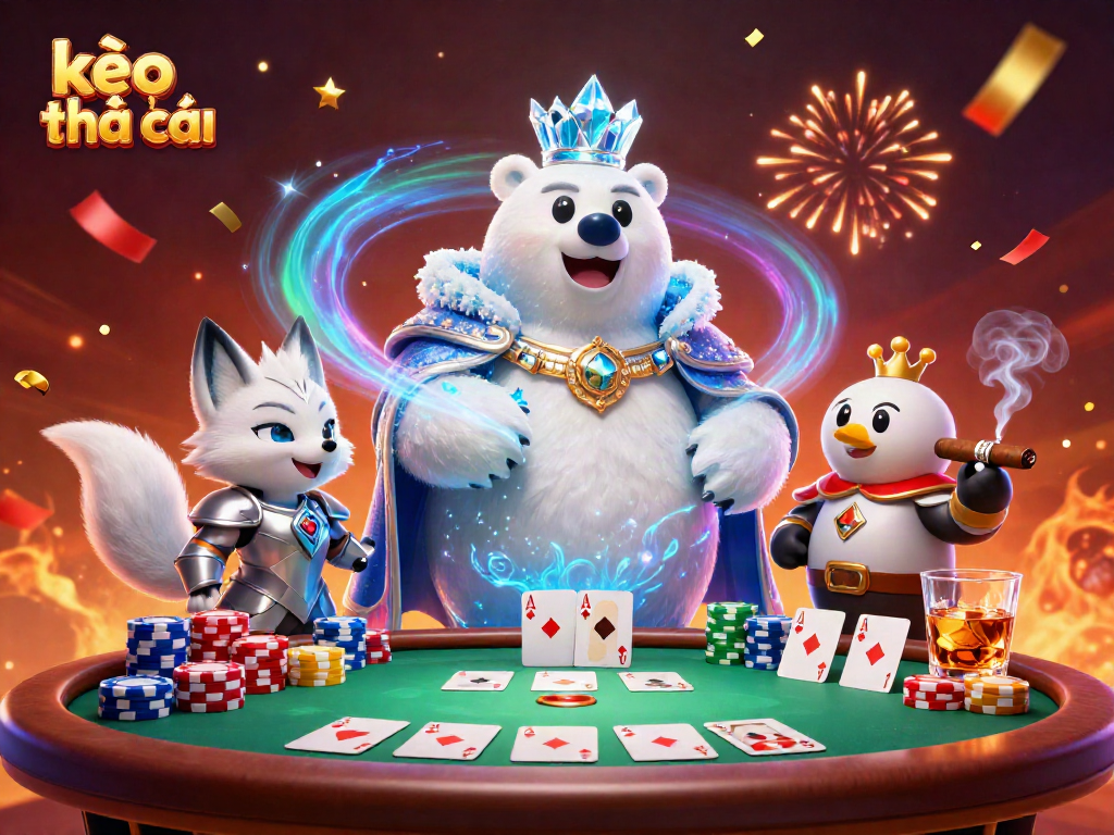 Engage with kèo nhà cái through this vibrant scene showcasing a polar bear and snow fox at a poker table amidst energetic casino visuals.