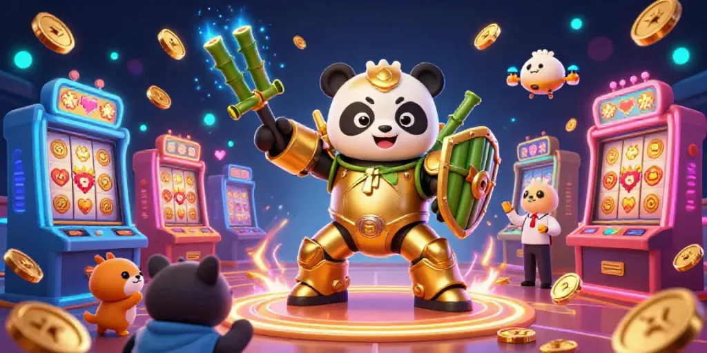 GWP168 mempersembahkan ilustrasi 3D dengan panda emas dalam robot, merayakan kemenangan di arena bermain.