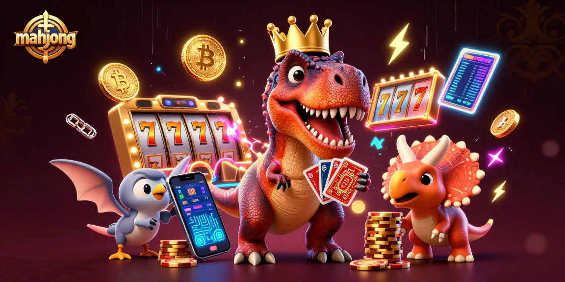 Experience mahjong excitement with a vibrant casino-themed illustration featuring T-Rex, cards, and chips.