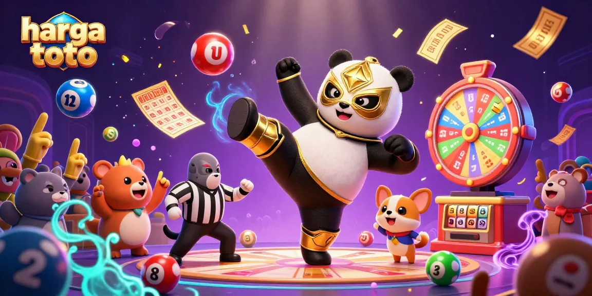 Experience the excitement of harga toto with a dynamic illustration of a wrestling panda amidst lottery elements.