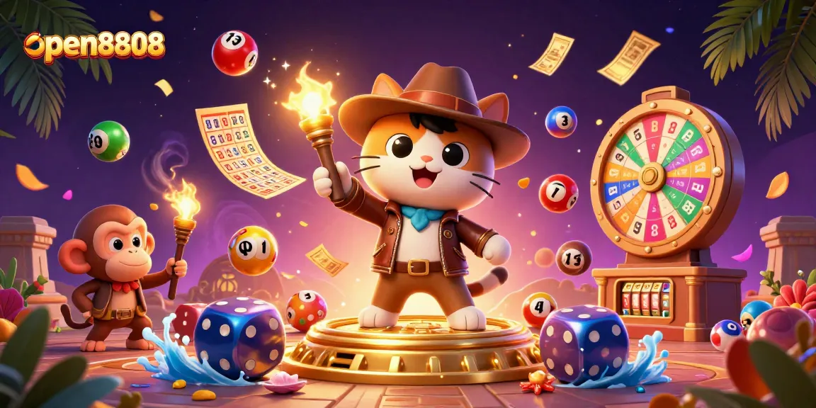 Engage in thrilling gameplay with open8808's vibrant lottery and casino elements in dynamic 3D art.