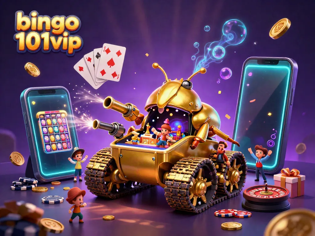 Menghasilkan pengalaman bermain bingo 101 vip yang menyenangkan dengan tank emas kartun dan elemen kasino miniatur.