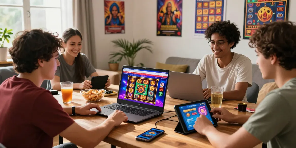 Players enjoying online games at home with ngamenjitu displayed on laptops and smartphones.
