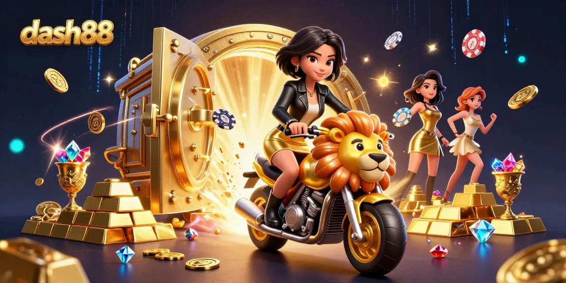 Experience thrilling wins at dash88 as you ride with luck on a golden lion mascot amidst riches and excitement.