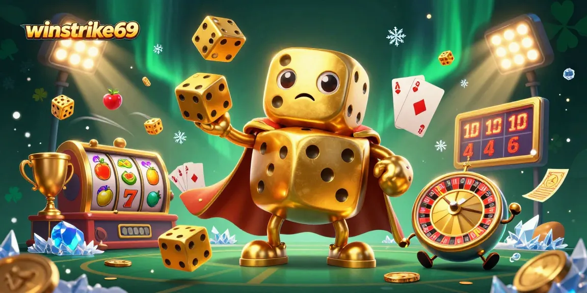 Experience big wins with winstrike69’s festive casino illustration featuring golden dice and jackpot symbols.