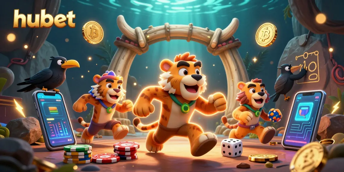 Bet with hubet at a vibrant prehistoric casino featuring unique characters and glowing crypto elements.