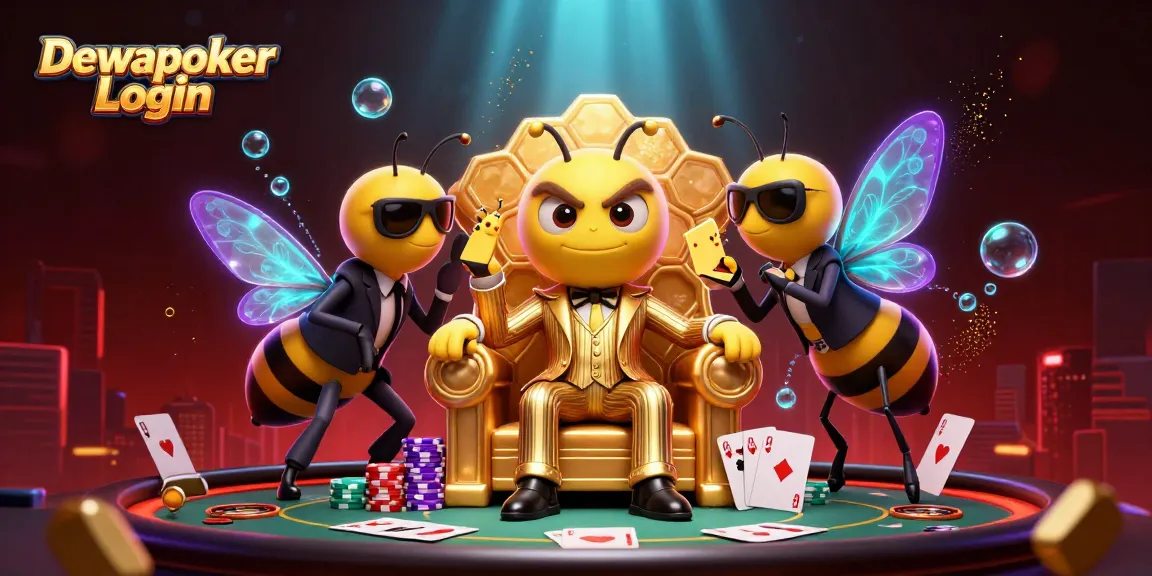 Dewapoker Login showcases a vibrant, cinematic poker scene with playful characters and rich game details.