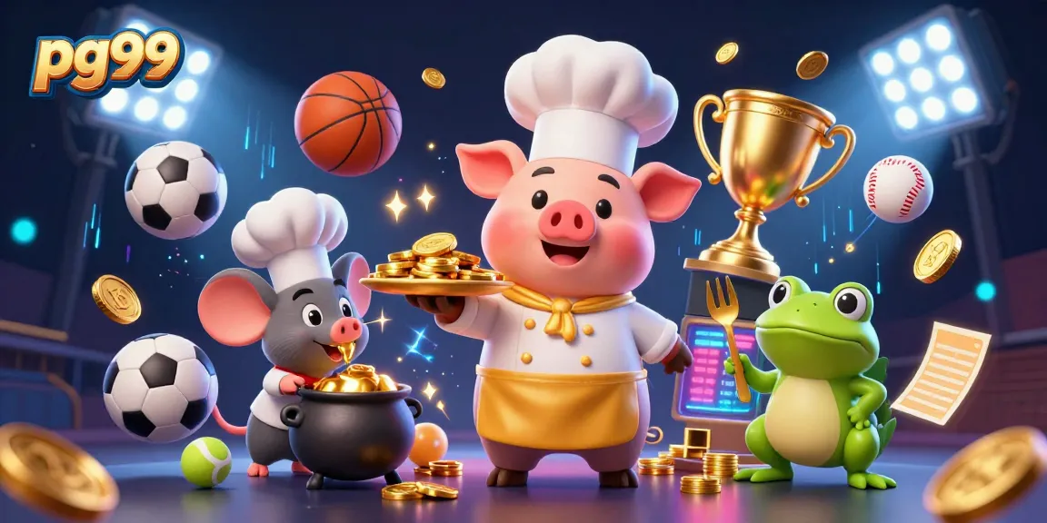 Experience winning moments with pg99 as chef pig serves gold coins in this vibrant casino illustration.