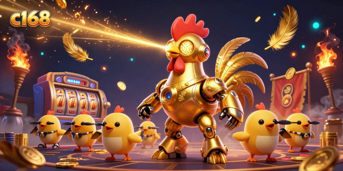c168 betting symbols come to life in a vibrant casino scene featuring a golden rooster robot.