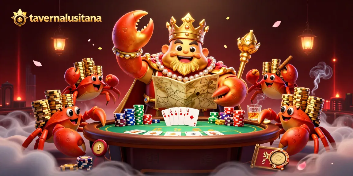 Engage in dynamic casino action with tavernalusitana's vibrant 3D illustration of a golden crab emperor and poker scene.