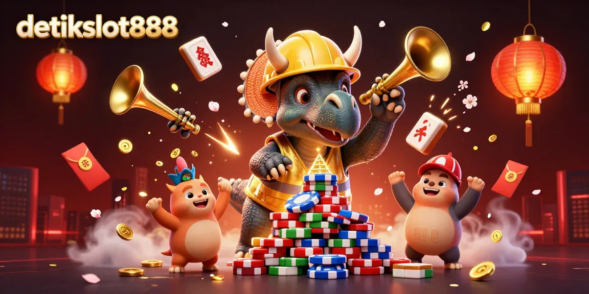 Detikslot888 menghadirkan suasana meriah dengan karakter dinosaurus membangun piramida chip poker.