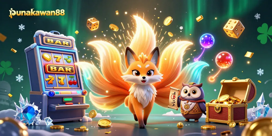 Punakawan88 showcases vibrant casino excitement with a nine-tailed fox, owl sage, and a jackpot explosion.