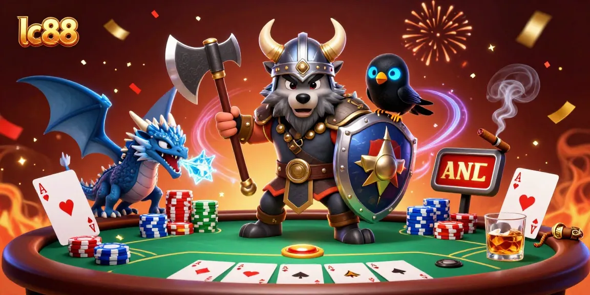Play with lc88 where a Viking wolf warrior and dragon guard an exciting poker scene filled with vibrant casino elements.