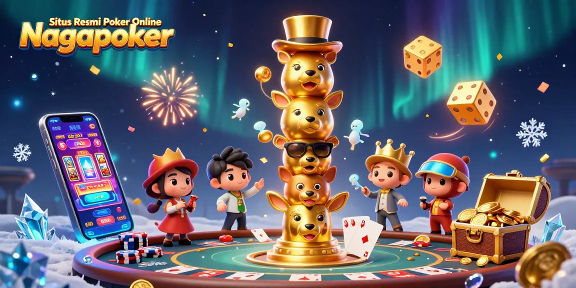 Situs Resmi Poker Online Nagapoker showcases a vibrant 3D casino scene with a poker table and energetic symbols.