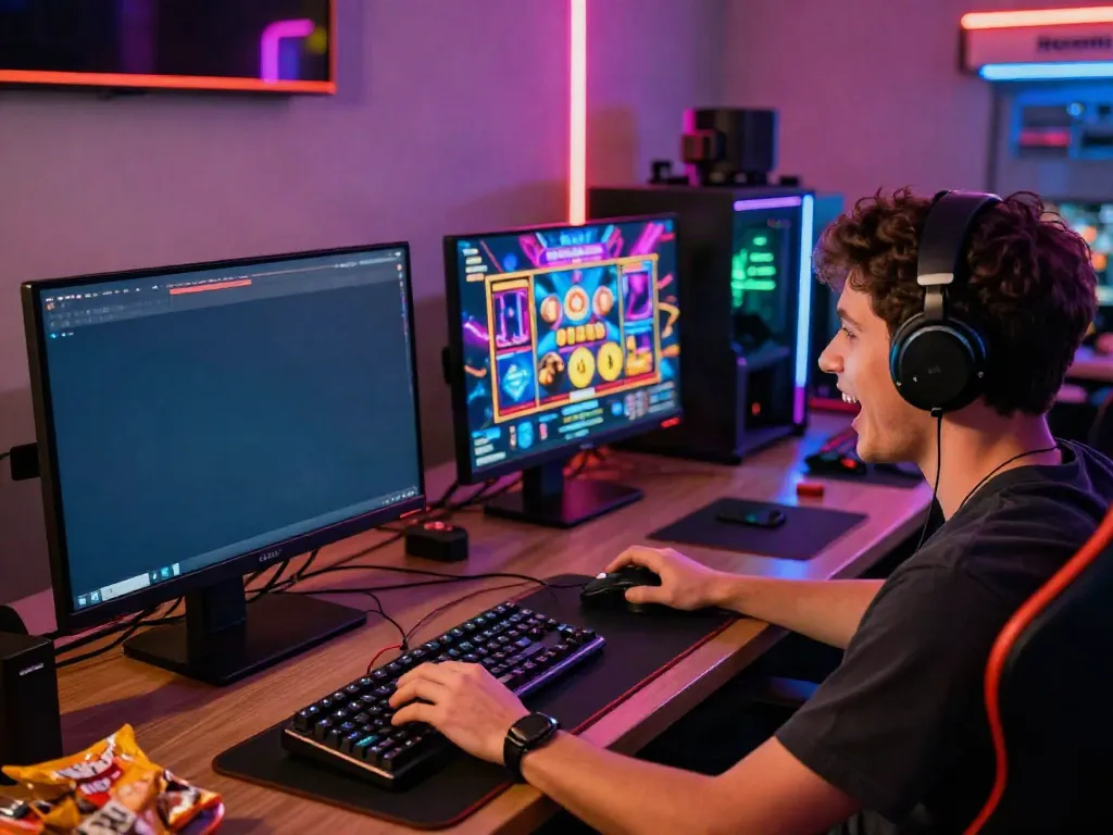 Excited player engaging in ทดลองสล็อต on a vibrant gaming setup with dynamic graphics.