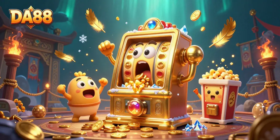 DA88 slot machine celebrates winning with coins pouring out and vibrant casino elements swirling around