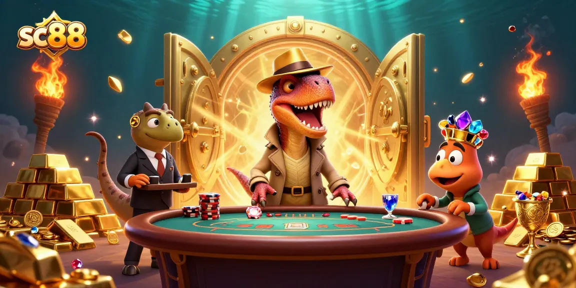Experience thrilling gameplay at sc88 with a sneaky velociraptor at the blackjack table surrounded by golden treasures.