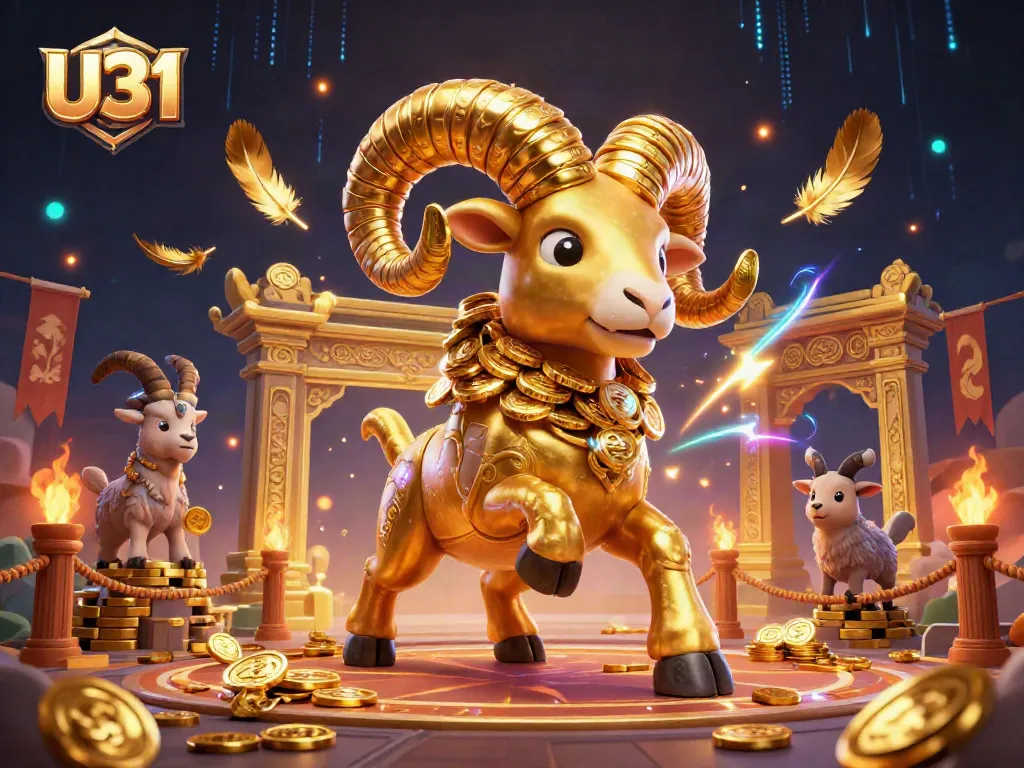 Experience U31's thrilling casino action with the golden ram charging through a vibrant gaming arena.