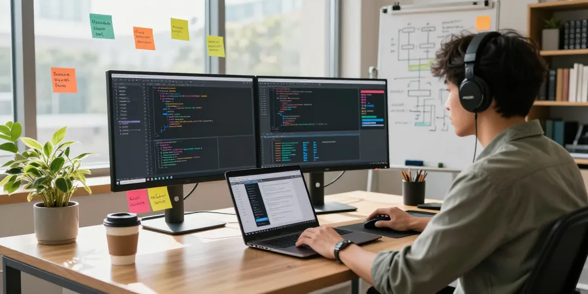 Coding slot optimization in a vibrant tech workspace with dual monitors, coffee, and plants enhancing creativity.