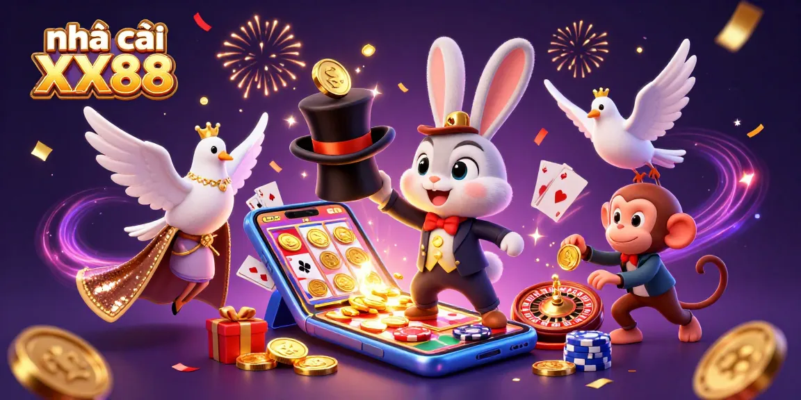 Engaging scene at nhà cái XX88 showcasing a magician rabbit with coins, poker chips, and a lively casino atmosphere.