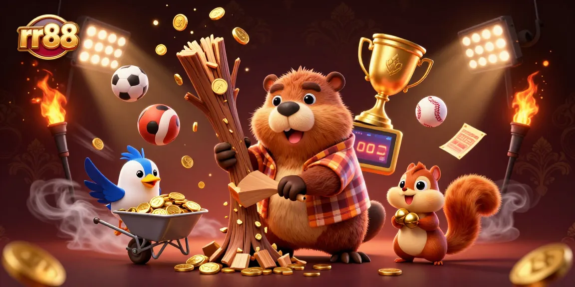 Win big at rr88 while a beaver collects golden coins and sports balls soar around!