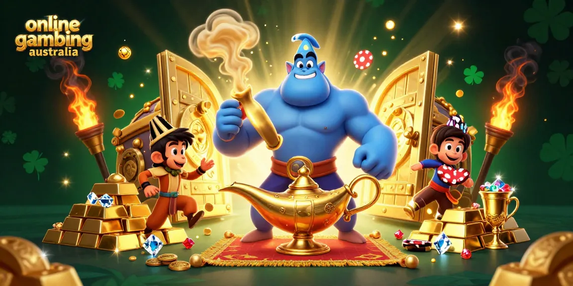 Experience thrilling adventures in online gambling australia with a genie and poker chips in a magical scene.