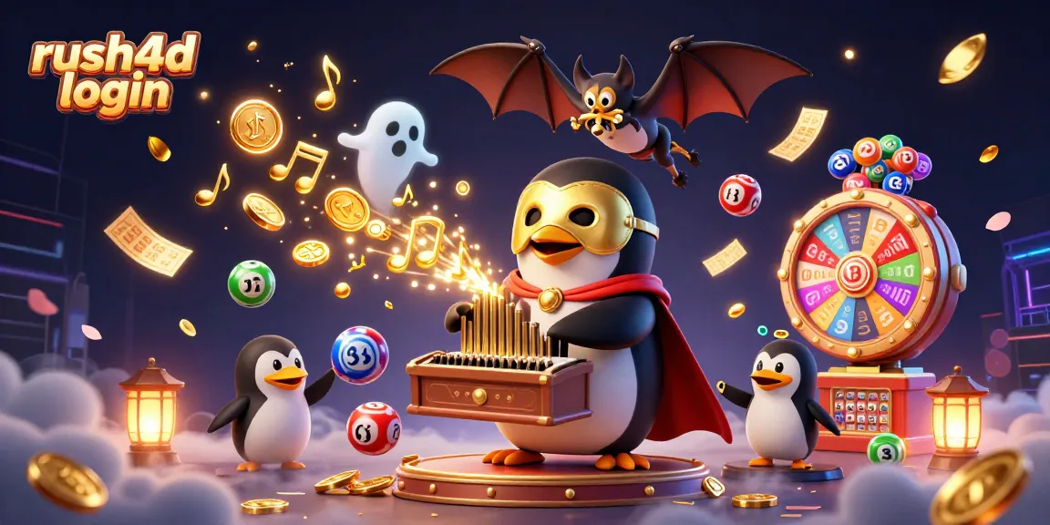Mengakses rush4d login pada ilustrasi kasino 3D fantastis dengan karakter kartun dan elemen permainan
