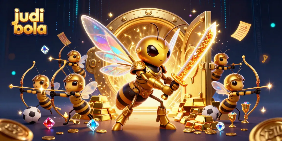 Engage in judi bola excitement with a dynamic sports betting scene featuring a golden hornet and treasures.