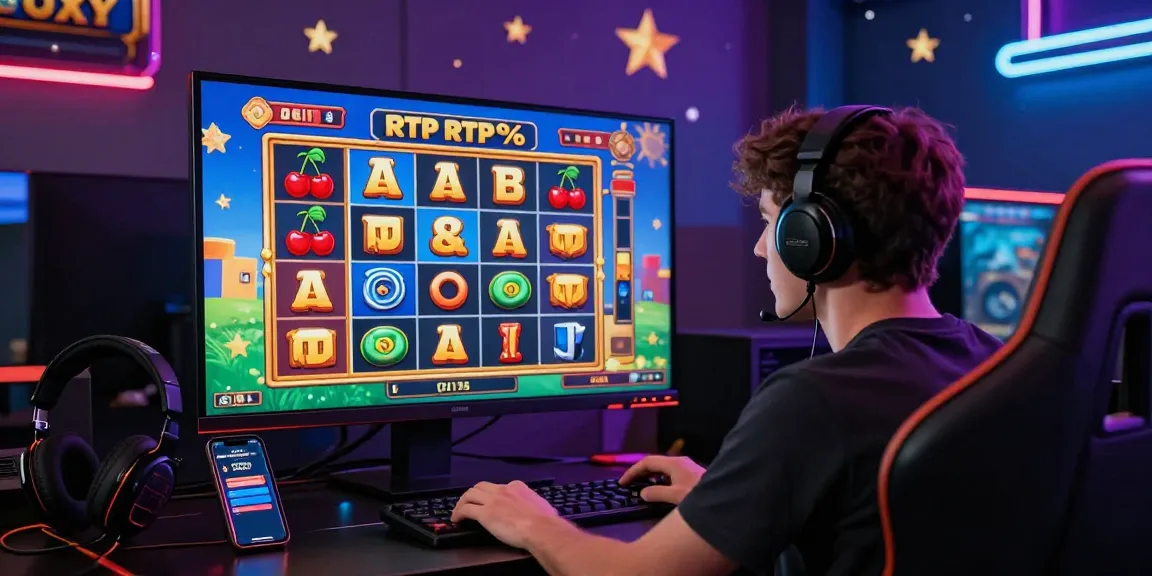 Slot gacor hari ini dengan pemain bersemangat bermain slot online di ruang permainan yang berwarna-warni.