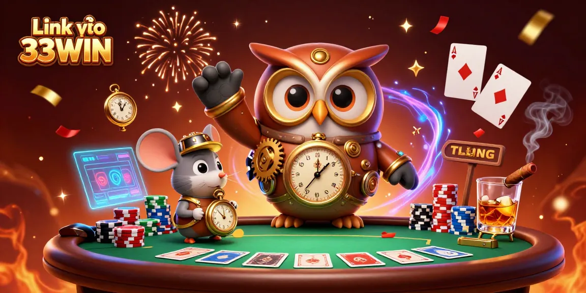 Engage with the vibrant scene of Link vào 33WIN showcasing a steampunk owl and casino elements.