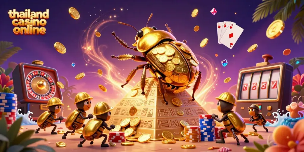 Engaging scene depicting the vibrant atmosphere of thailand casino online with a golden beetle, coins, and casino elements.