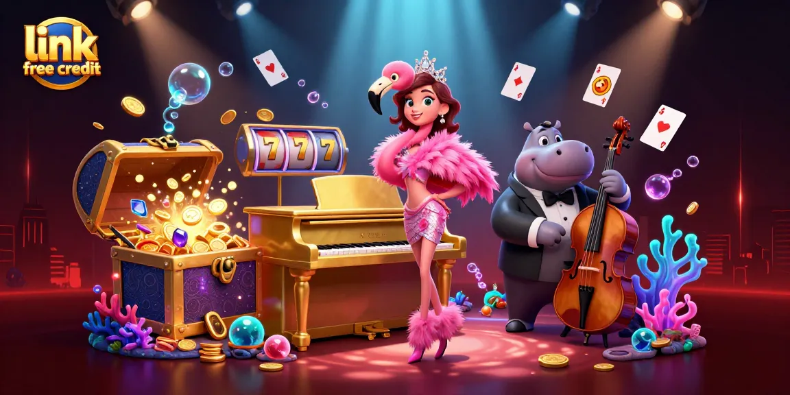 Bet big with link free credit in this vibrant casino scene featuring a flamingo singer and a hippo bassist.