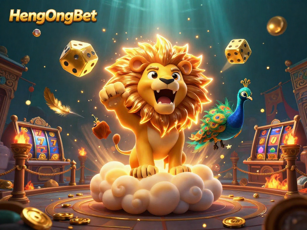 Experience thrilling gameplay with HengOngBet in this vibrant 3D casino illustration featuring dynamic symbols.