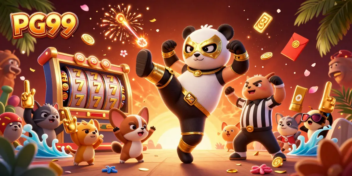 Experience thrilling slots with PG99 featuring lively panda and animal spectators.
