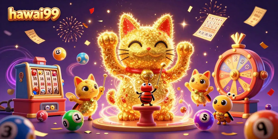 Experience the magic of hawai99 with an engaging 3D illustration of golden fireflies and slot symbols.