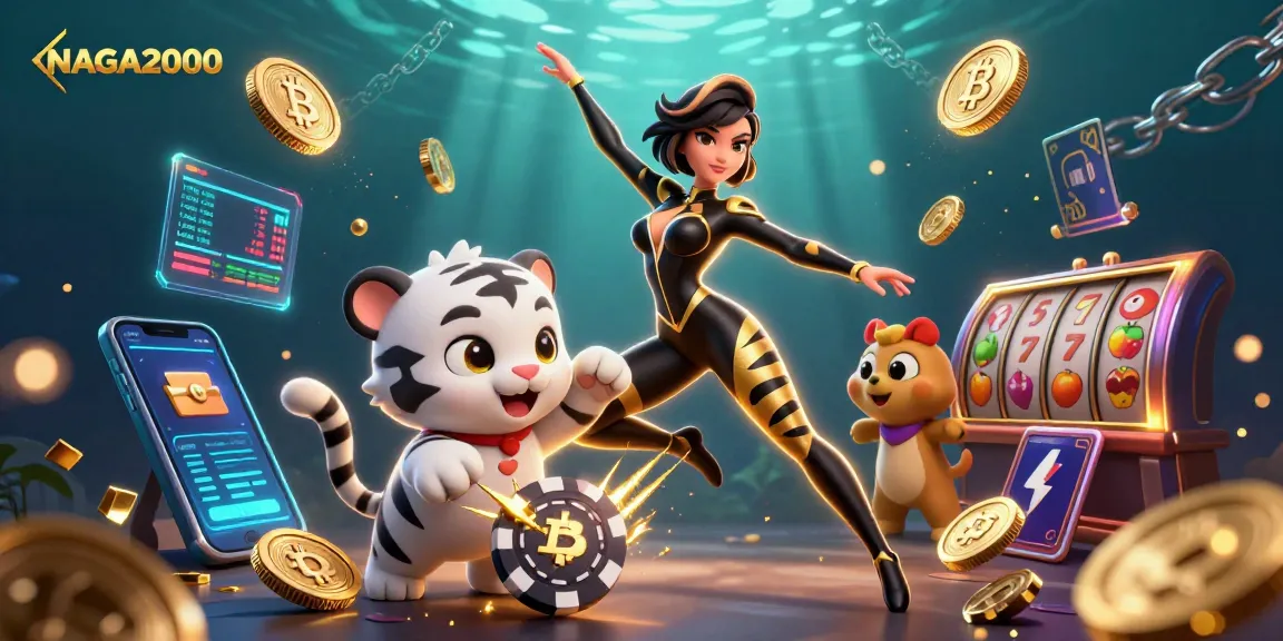 NAGA2000 menampilkan suasana kasino yang menggembirakan dengan wanita 3D yang penuh warna dan bayi harimau yang bermain di antara elemen permainan slot.